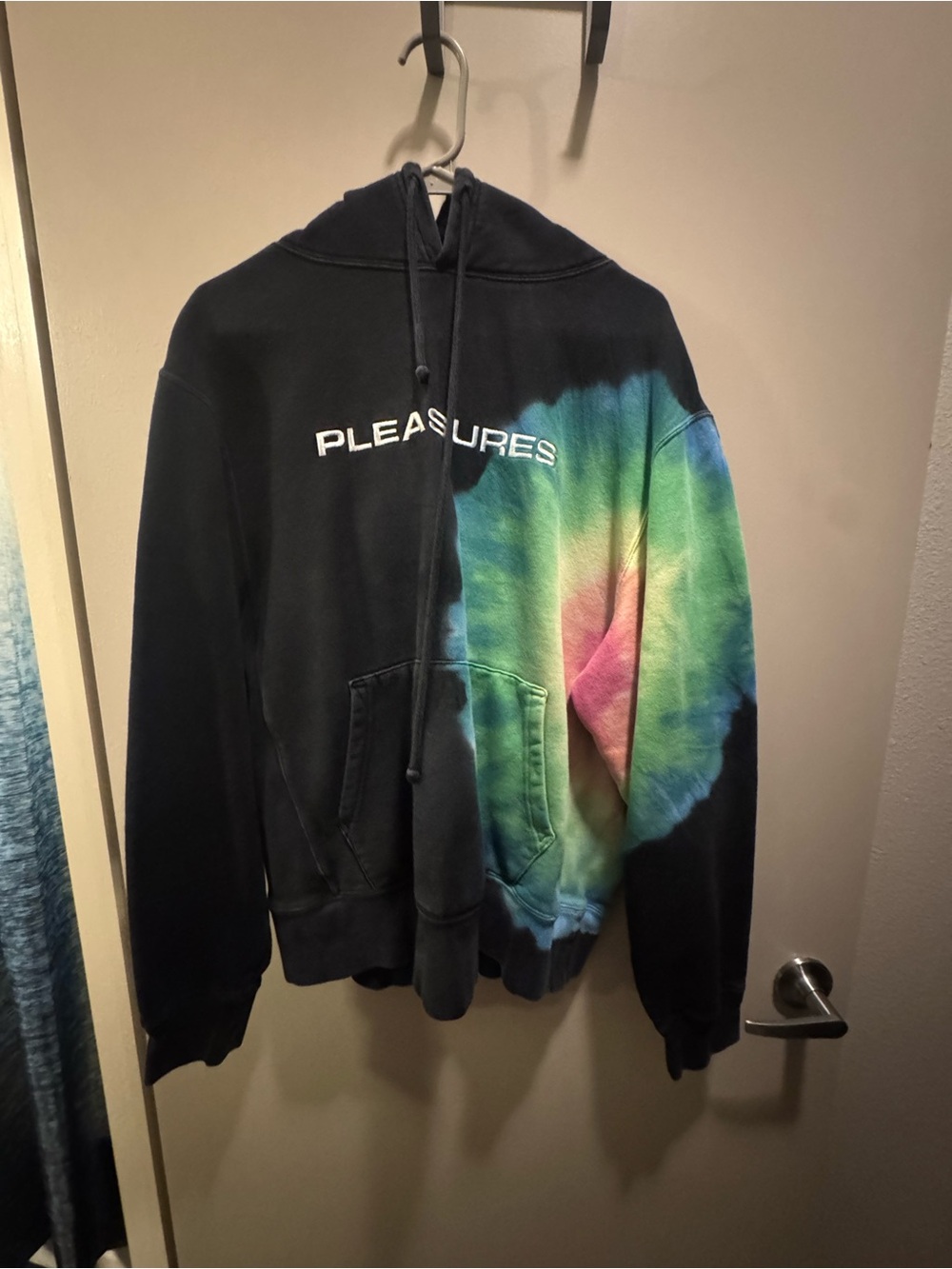 Pleasures Men's Black Hoodie with Multicolor Tie-Dye Panel